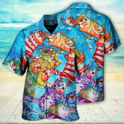 Cat And Fish Funny Together - Hawaiian Shirt - Owls Matrix LTD