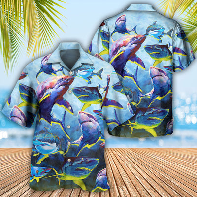 Shark Family Blue And Yellow Light - Hawaiian Shirt - Owls Matrix LTD