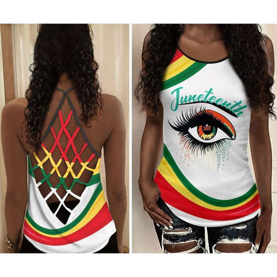 Black Woman Love Peace With Colorful Eye - Cross Open Back Tank Top - Owls Matrix LTD