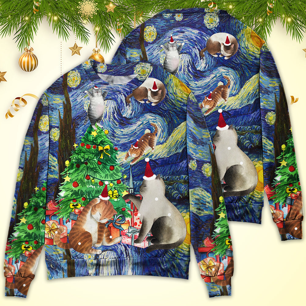 Christmas Cat Playing In Starry Night - Sweater - Ugly Christmas Sweaters - Owls Matrix LTD