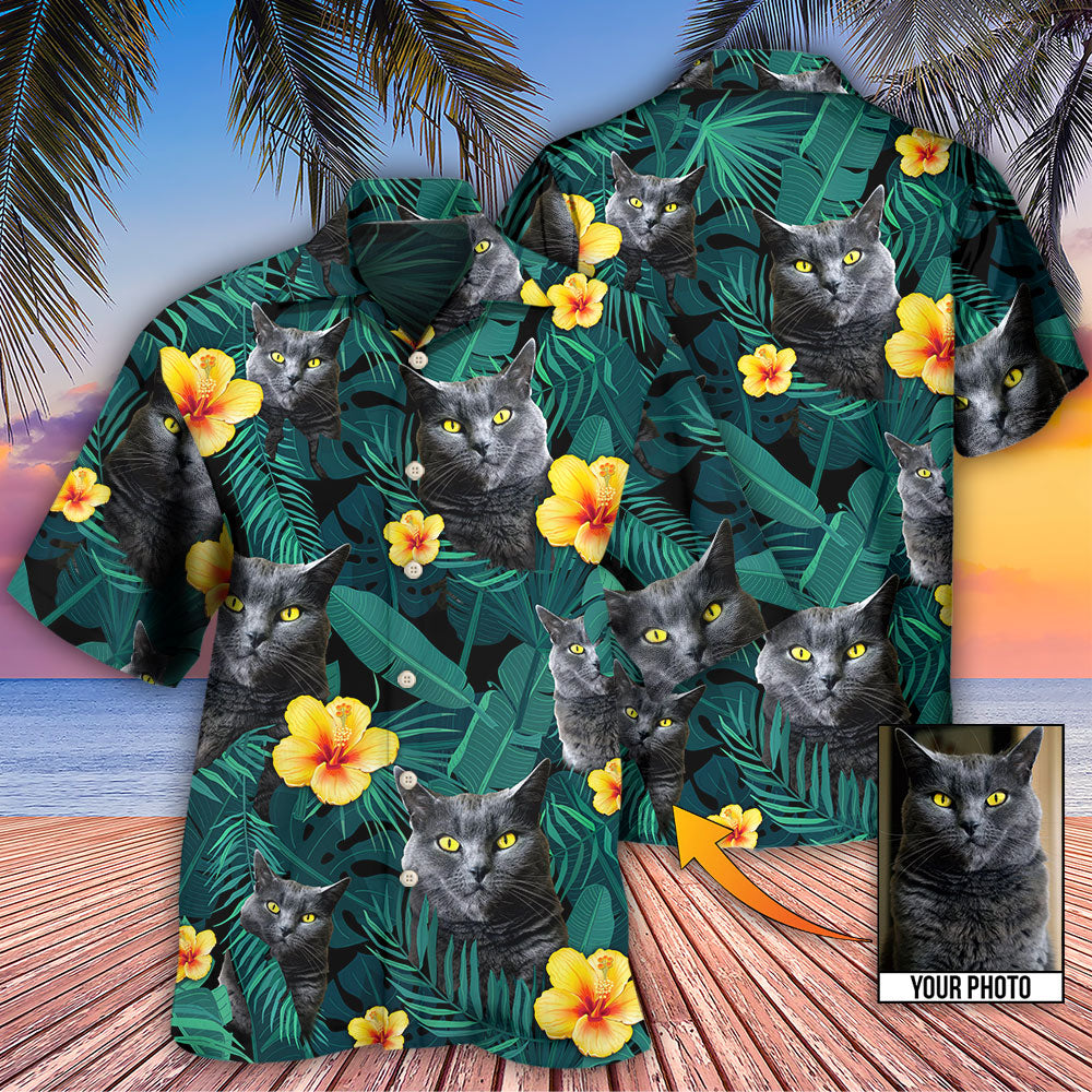 Black Cat Green Tropical Custom Photo - Hawaiian Shirt - Owls Matrix LTD