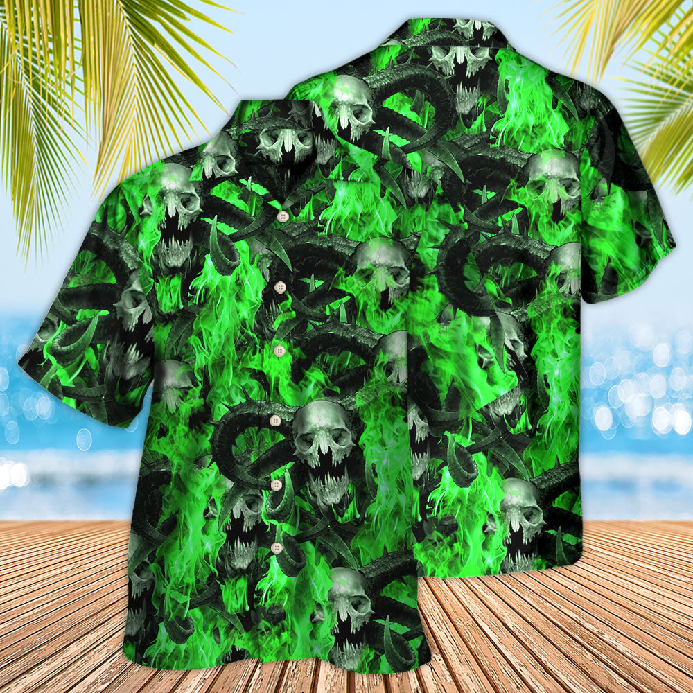 Skull Green Flame Burn - Hawaiian Shirt - Owls Matrix LTD