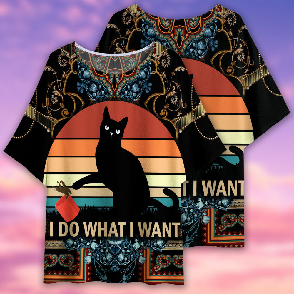 Black Cat I Do What I Want - Women's T-shirt With Bat Sleeve - Owls Matrix LTD