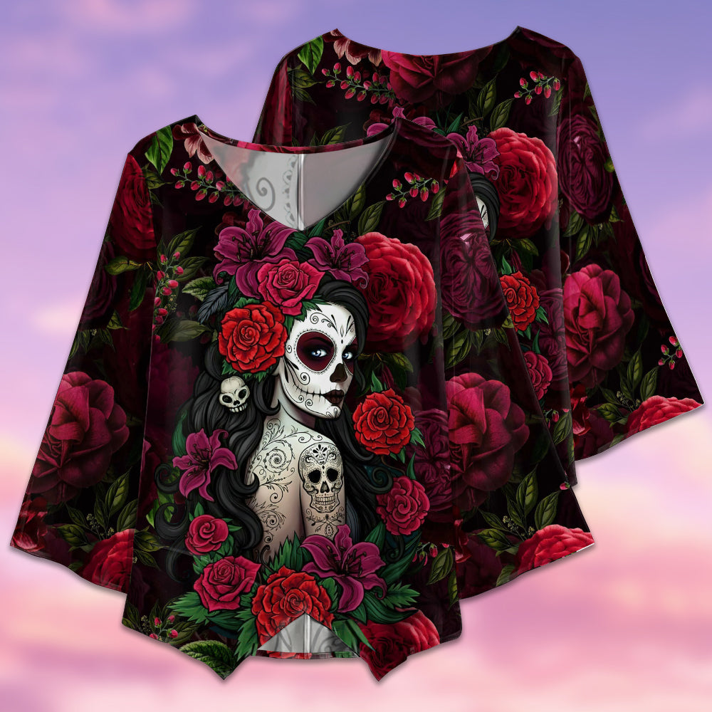 Sugar Skull Rose Woman Tattoo - V-neck T-shirt - Owls Matrix LTD