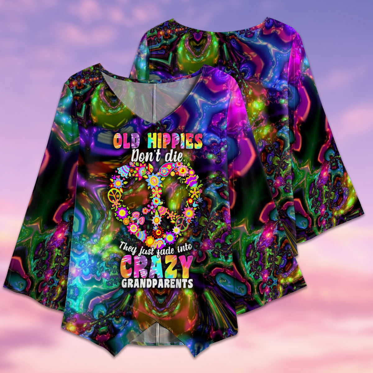 Hippie Old Hippies Don't Die - V-neck T-shirt - Owls Matrix LTD