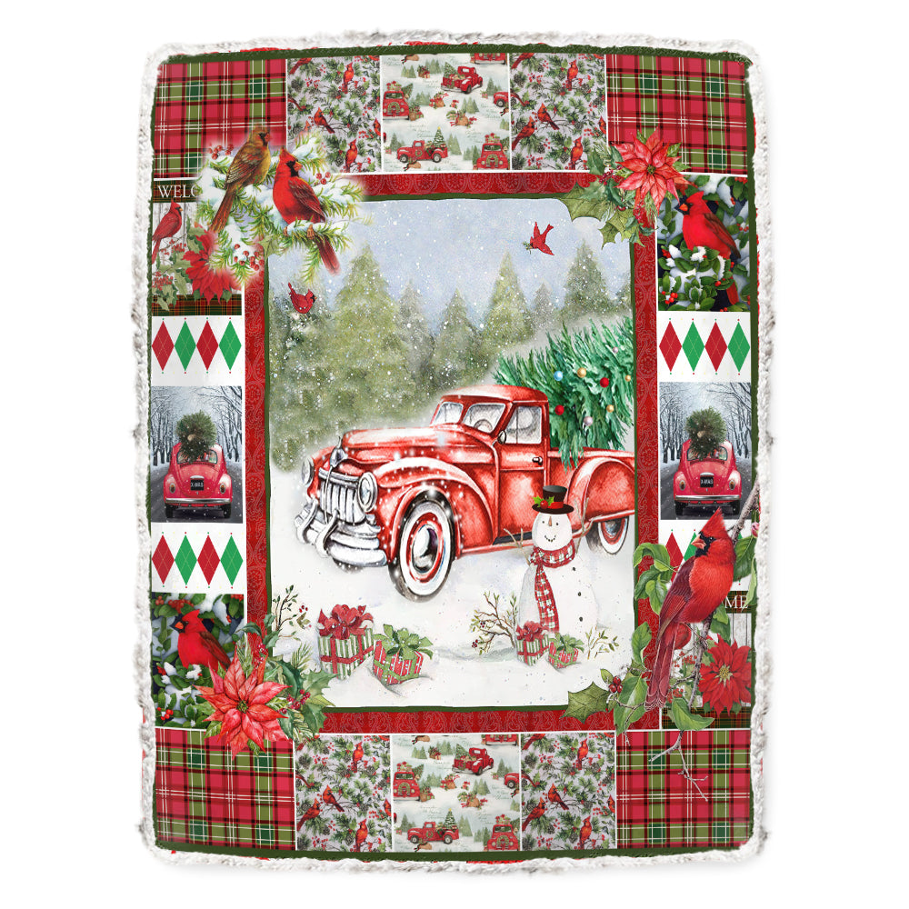 Fleece Blanket / 50" x 60" Cardinal Christmas Red Truck Come Farm - Flannel Blanket - Owls Matrix LTD
