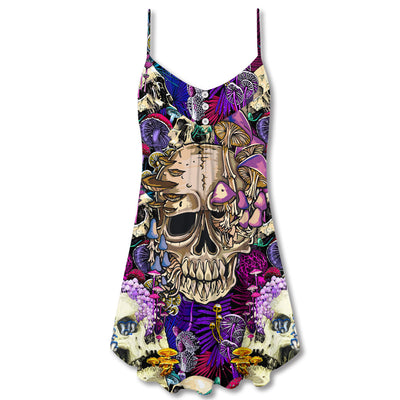 Skull Mushroom Crazy Bright Magic Psychedelic Skull - V-neck Sleeveless Cami Dress - Owls Matrix LTD