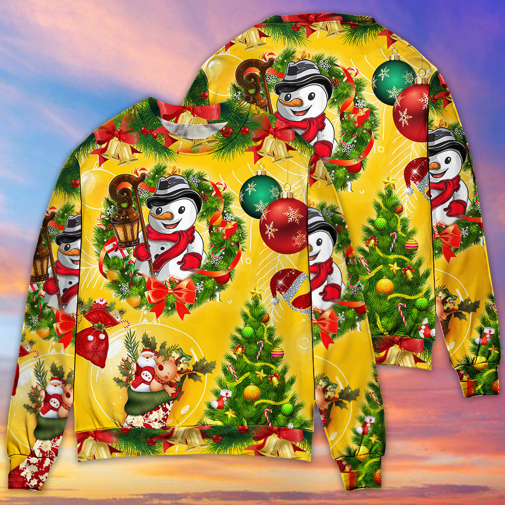 Christmas Funny Snowman Happy Christmas Tree Yellow Light - Sweater - Ugly Christmas Sweaters - Owls Matrix LTD