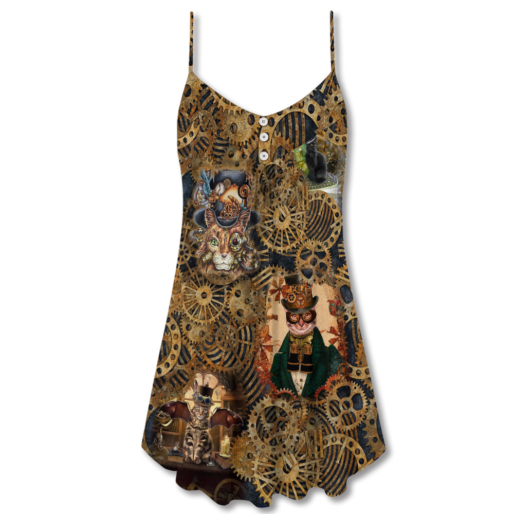 Cat Love Machine Vintage - V-neck Sleeveless Cami Dress - Owls Matrix LTD