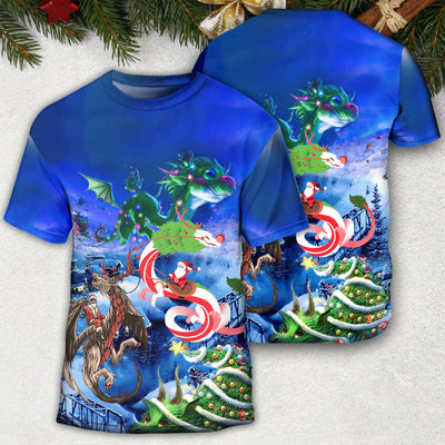 Christmas Santa Riding A Dragon - Round Neck T-shirt - Owls Matrix LTD