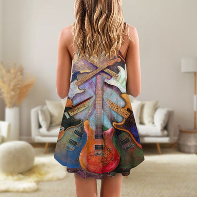Guitar Abstract Colorful Lover Guitar Art Style - V-neck Sleeveless Cami Dress - Owls Matrix LTD