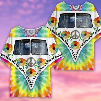 Hippie Tie Dye Bus With Sunflowers - Women's T-shirt With Bat Sleeve - Owls Matrix LTD
