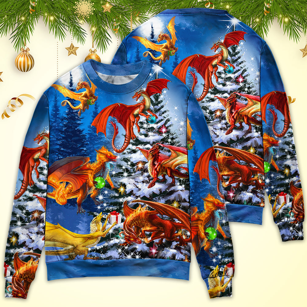 Christmas Dragon Family In Love Light Art Style - Sweater - Ugly Christmas Sweaters - Owls Matrix LTD