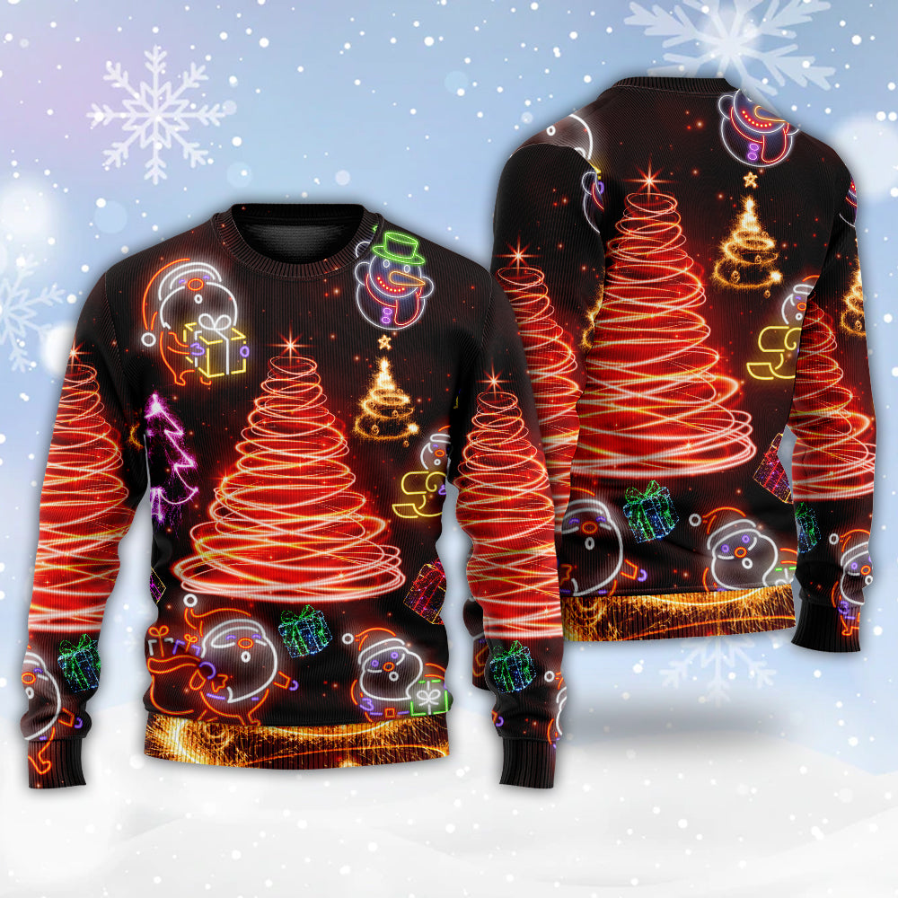 Christmas Funny Santa Claus Tree Red Neon Light Style - Sweater - Ugly Christmas Sweaters - Owls Matrix LTD