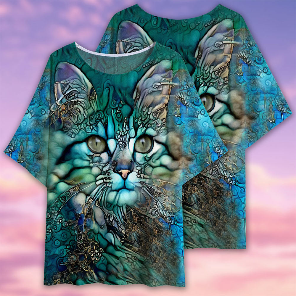 Cat Glass Art Style - Women's T-shirt With Bat Sleeve - Owls Matrix LTD