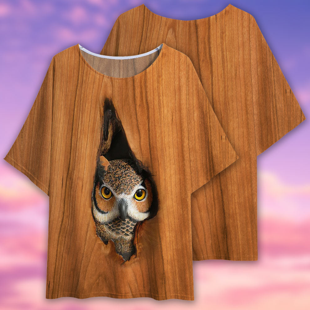 Owl Wooden Vintage Art - Women's T-shirt With Bat Sleeve - Owls Matrix LTD