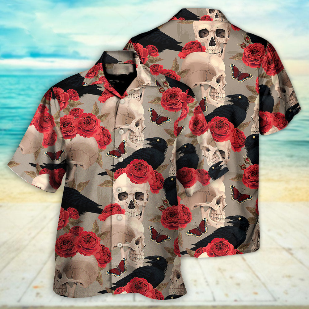 Skull With Rose Flower And Raven Gothic Style - Hawaiian Shirt - Owls Matrix LTD