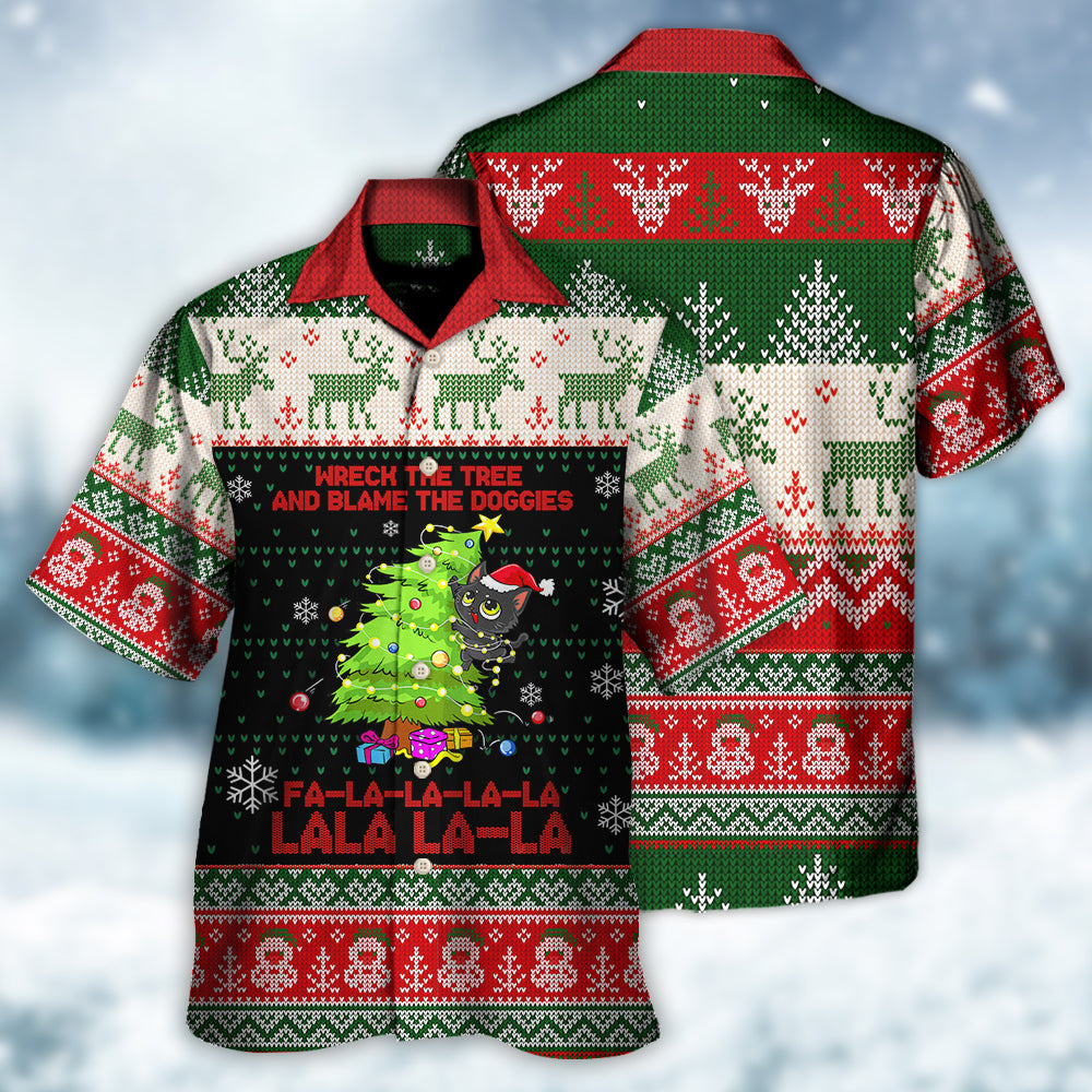 Cat Wreck The Tree Christmas Tree Light Funny Ugly Style - Hawaiian Shirt - Owls Matrix LTD