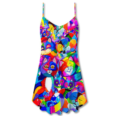 Cat Colorfull Rainbow Style - V-neck Sleeveless Cami Dress - Owls Matrix LTD