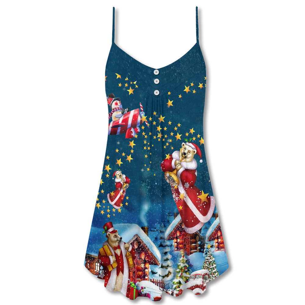 Christmas Bear Santa Happy - V-neck Sleeveless Cami Dress - Owls Matrix LTD