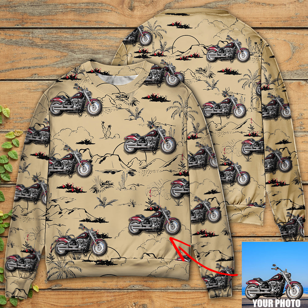 Motorcycle Desert Catus Mountain Flower Custom Photo - Sweater - Ugly Christmas Sweaters - Owls Matrix LTD