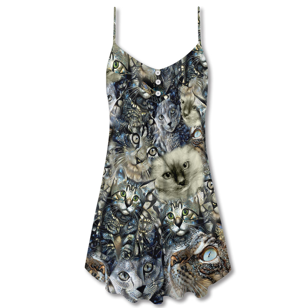 Cat Vintage Neutral Flower Cool - V-neck Sleeveless Cami Dress - Owls Matrix LTD