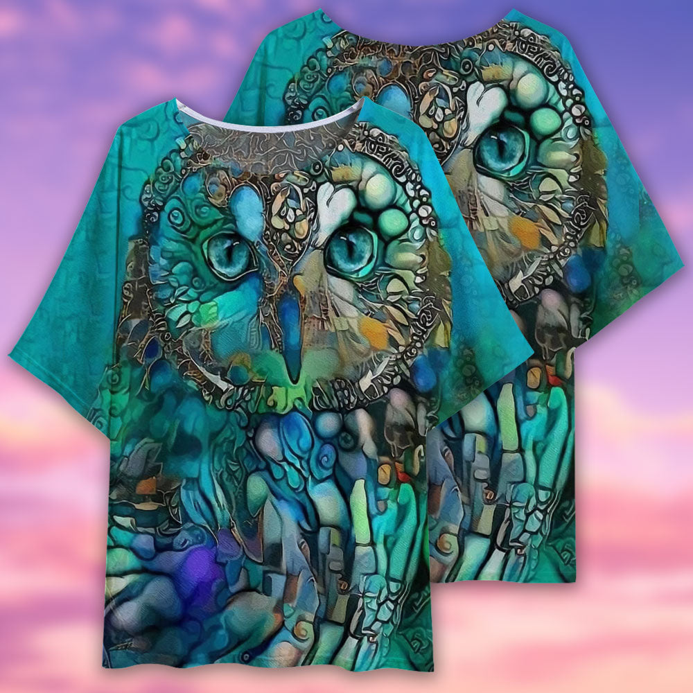 Owl Glass Art Style - Women's T-shirt With Bat Sleeve - Owls Matrix LTD