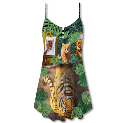 Cat And Tiger With Tropical Leaf - V-neck Sleeveless Cami Dress - Owls Matrix LTD