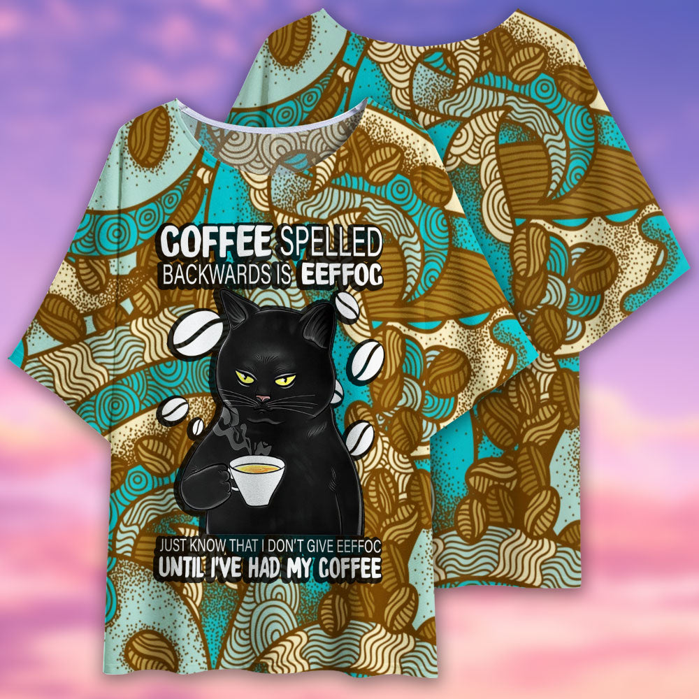 Black Cat Coffee Spelled - Women's T-shirt With Bat Sleeve - Owls Matrix LTD