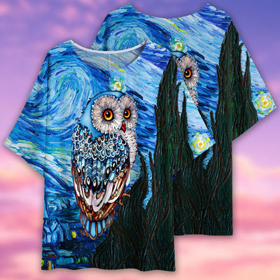 Owl Starry Night Art - Women's T-shirt With Bat Sleeve - Owls Matrix LTD