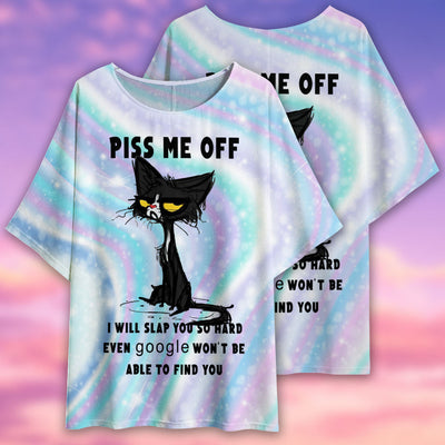 Black Cat Piss Me Off - Women's T-shirt With Bat Sleeve - Owls Matrix LTD