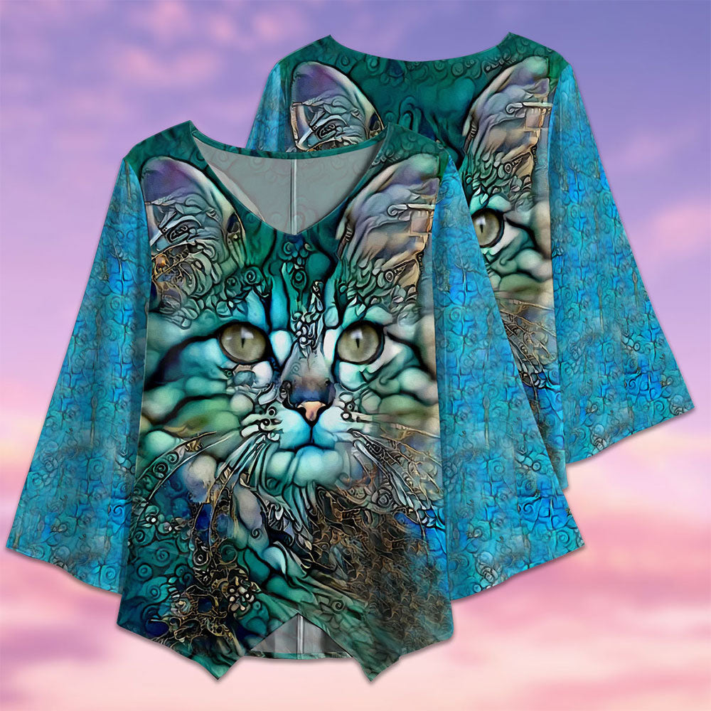 Cat Glass Art Style - V-neck T-shirt - Owls Matrix LTD
