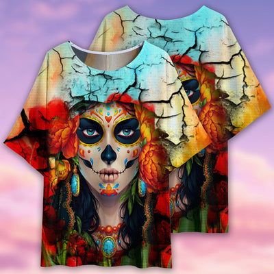 Sugar Skull Love Flower Style - Women's T-shirt With Bat Sleeve - Owls Matrix LTD