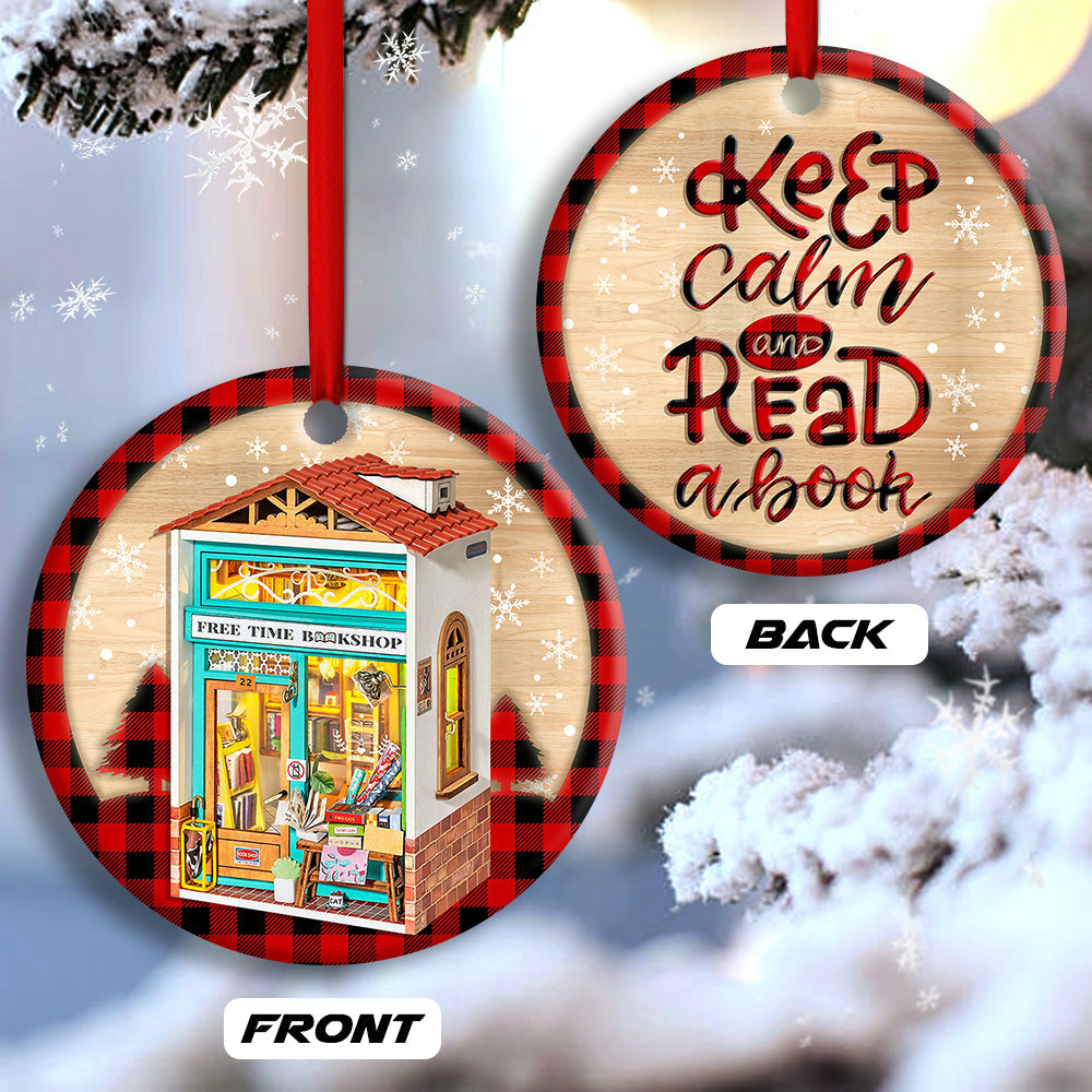 Bookstore Christmas Keep Calm And Read A Book - Circle Ornament - Owls Matrix LTD
