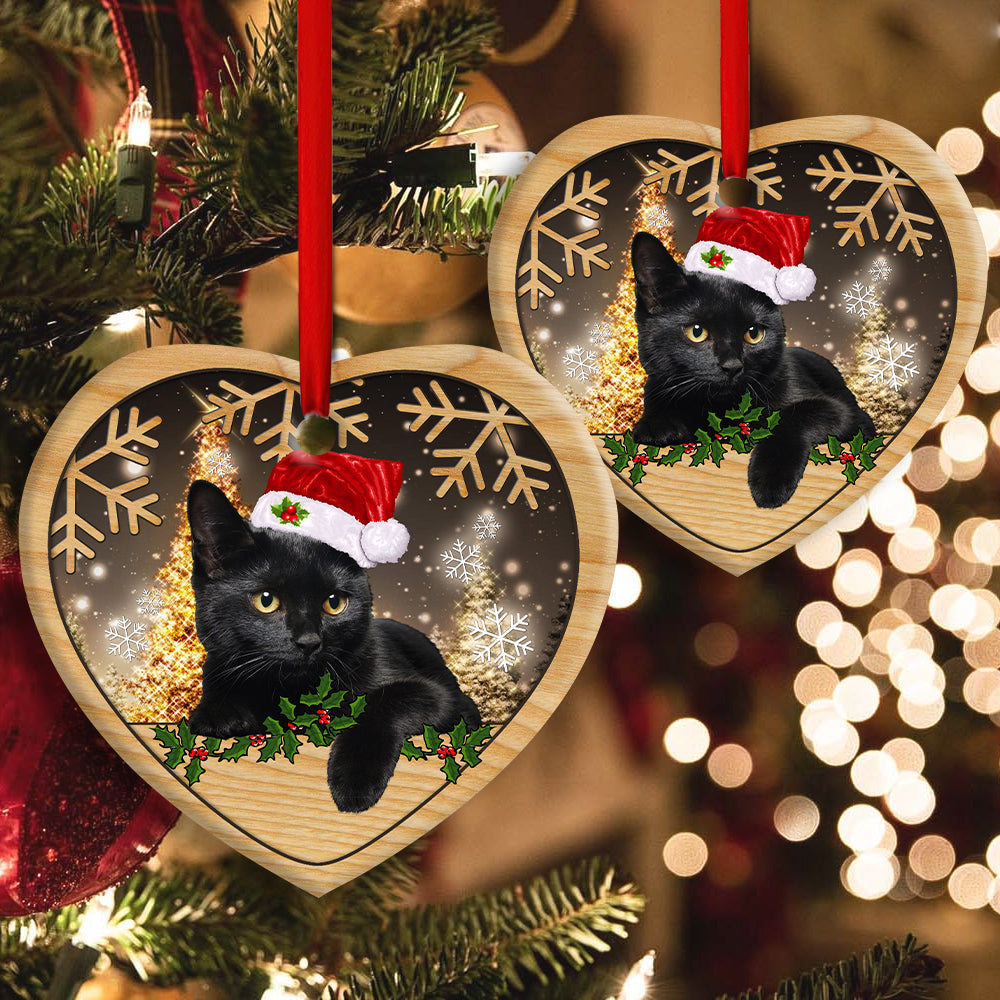 Christmas Black Cat Cute Kitty Cat Xmas - Heart Ornament - Owls Matrix LTD