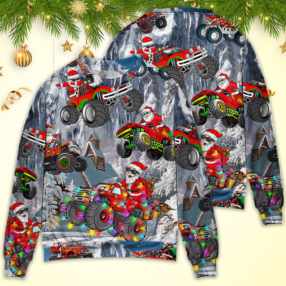 Christmas Funny Santa Claus Riding Red Truck Snow Mountain - Sweater - Ugly Christmas Sweaters - Owls Matrix LTD