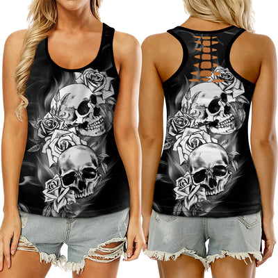 Skull And Rose Black And White Color - Tank Top Hollow - Owls Matrix LTD