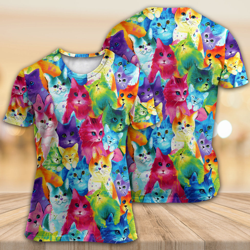 Cat Colorful Little Cute Kitten Happy Life - Round Neck T-shirt - Owls Matrix LTD
