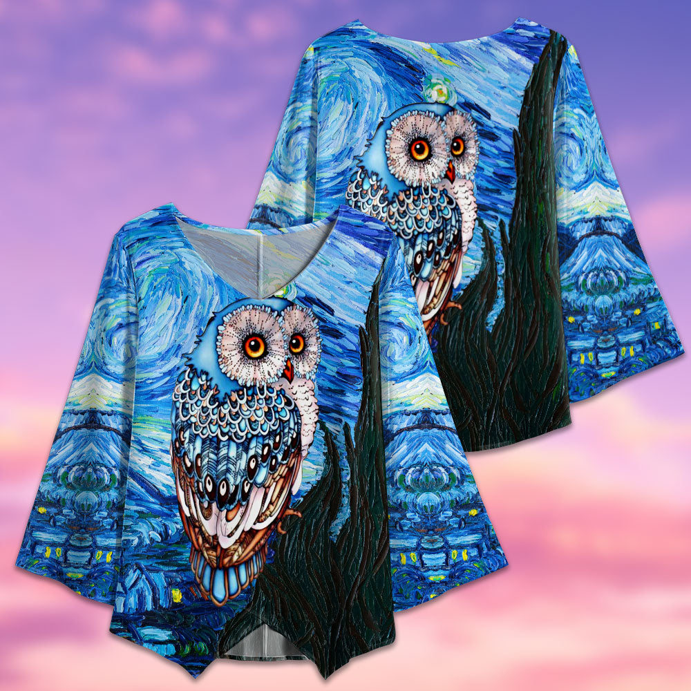 Owl Starry Night Art - V-neck T-shirt - Owls Matrix LTD