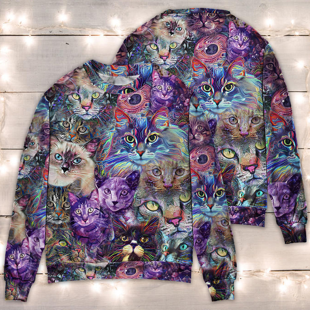 Cat Amazing Psychedelic Purple - Sweater - Ugly Christmas Sweaters - Owls Matrix LTD
