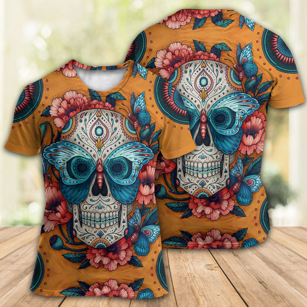 Skull And Butterfly Abstract Vintage Colorful - Round Neck T-shirt - Owls Matrix LTD