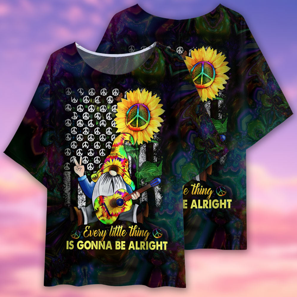 Hippie Gnome Sunflower US Flag - Women's T-shirt With Bat Sleeve - Owls Matrix LTD