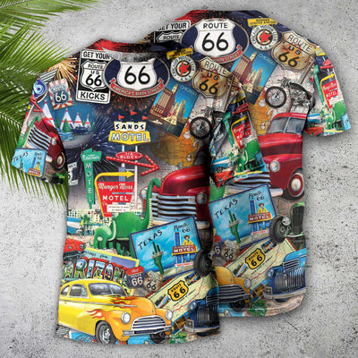 Car Route 66 Road Trip Puzzle - Round Neck T-shirt - Owls Matrix LTD