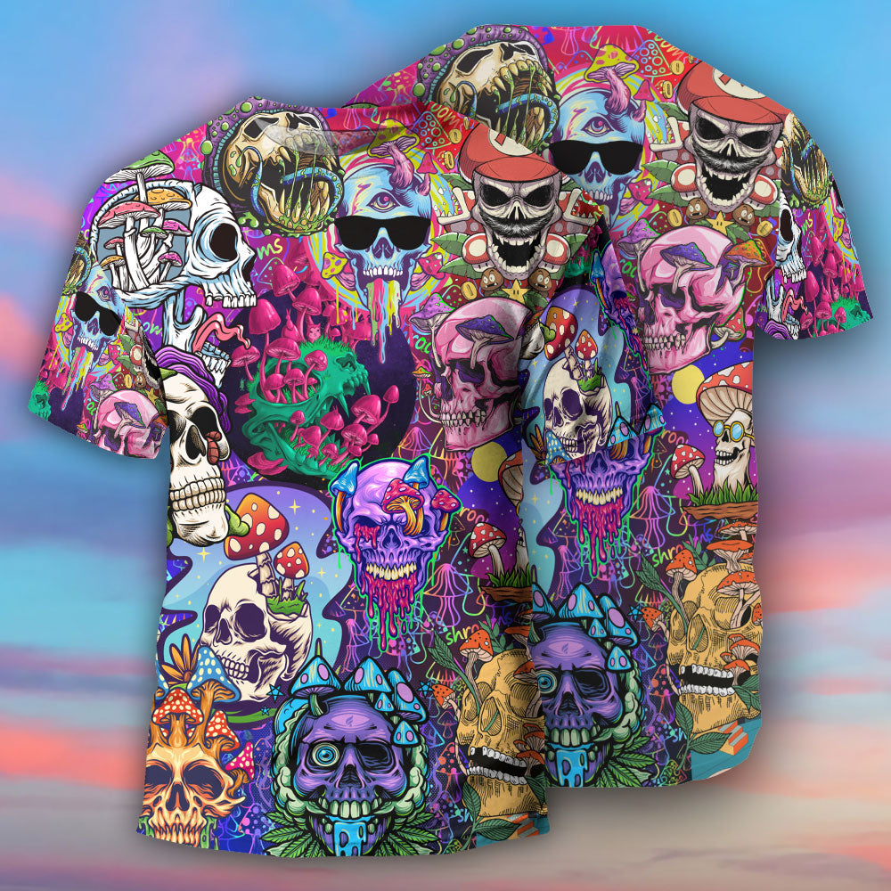 Hippie Mushroom And Skull Colorful Art - Round Neck T-shirt - Owls Matrix LTD