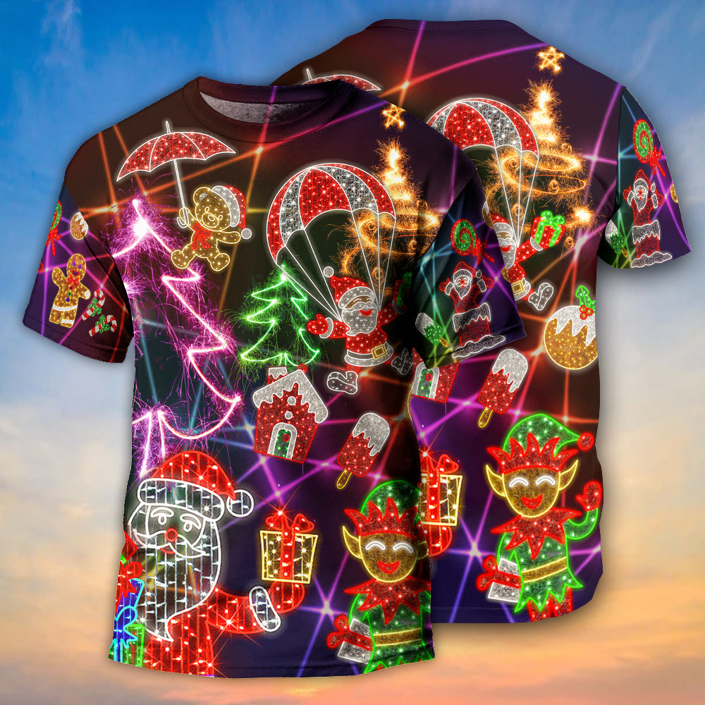 Christmas Funny Santa Claus Tree Elf Gingerbread Neon Light Style - Round Neck T-shirt - Owls Matrix LTD