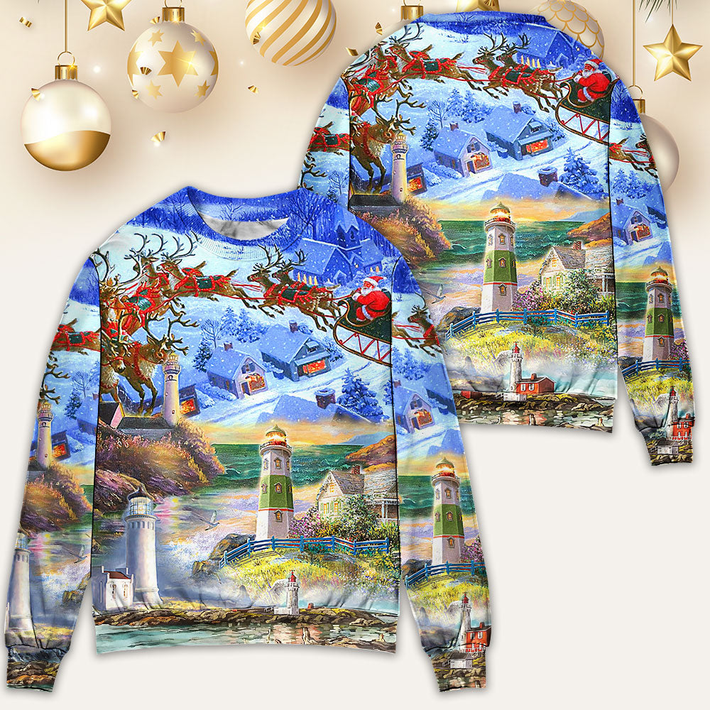 Lighthouse Christmas Santa Through The Storm - Sweater - Ugly Christmas Sweaters - Owls Matrix LTD