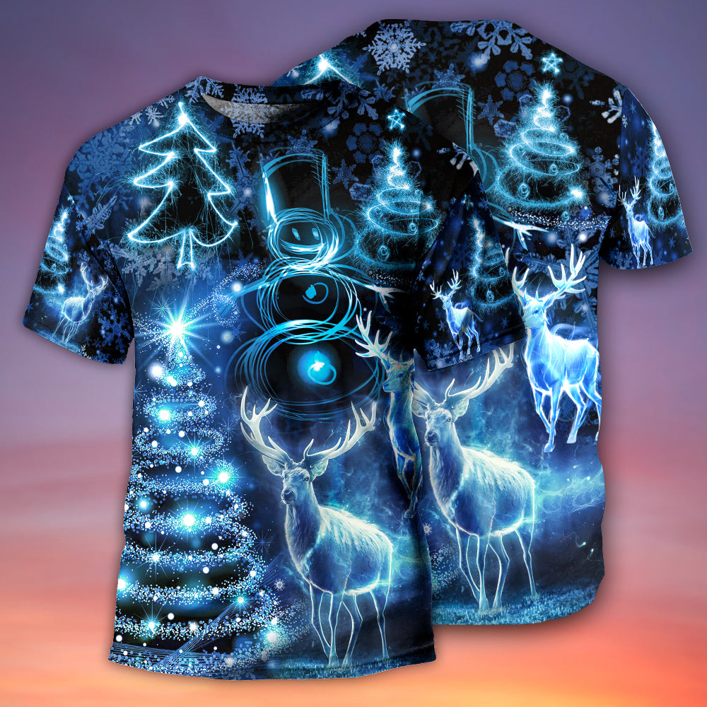 Christmas Deer Snowman Tree Glow Light Style - Round Neck T-shirt - Owls Matrix LTD