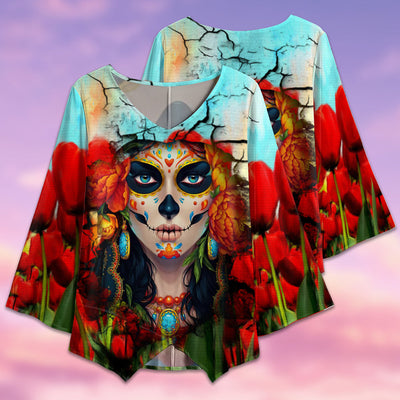 Sugar Skull Love Flower Style - V-neck T-shirt - Owls Matrix LTD
