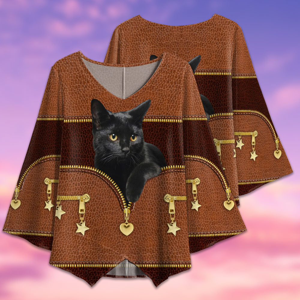 Black Cat Leather With Zippers Style - V-neck T-shirt - Owls Matrix LTD