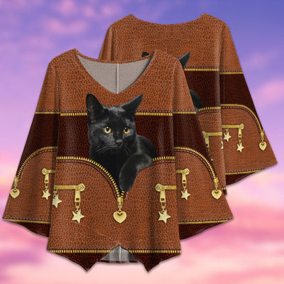 Black Cat Leather With Zippers Style - V-neck T-shirt - Owls Matrix LTD